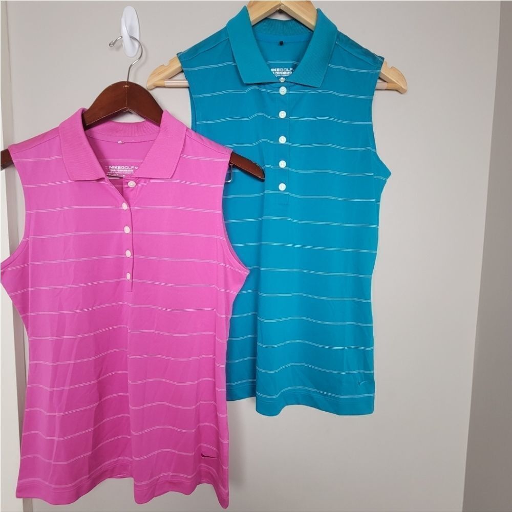 Set of TWO Nike Golf Tour Performance Dri Fit Sleeveless  Polo Pink & Blue Small